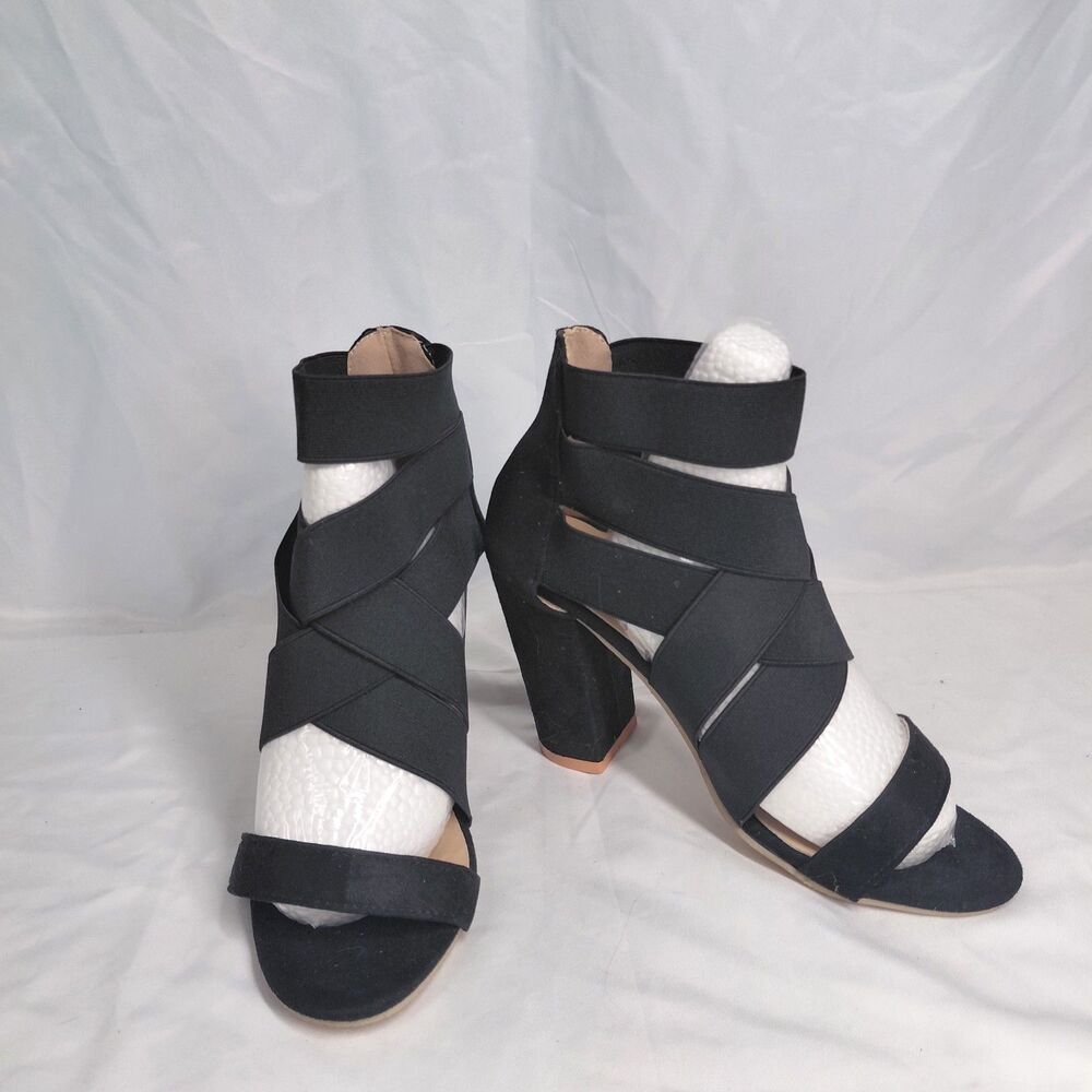 Black Synthetic Strappy Heels Sandals Sz 8 Block Heel Ankle Strap